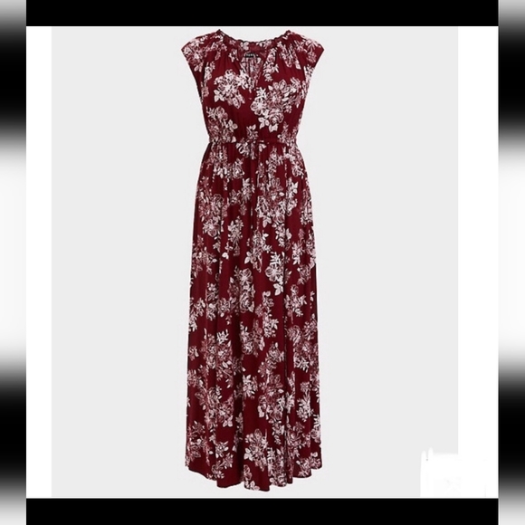 COPY - Torrid, Red Floral, Tie Neck, Split Side, Maxi Dress - Picture 3 of 6